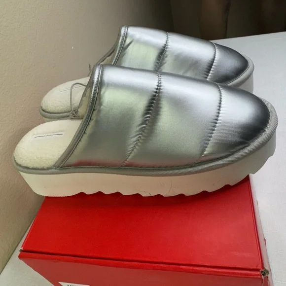 Anthropologie Maeve | SZ Large (10/11| Puffy Platform Slipper Shoes Silver - Picture 3 of 9